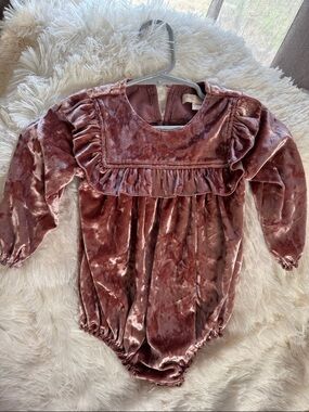 Pink Chicken Velvet Ruffle One-Piece Bodysuit in Dusty Rose